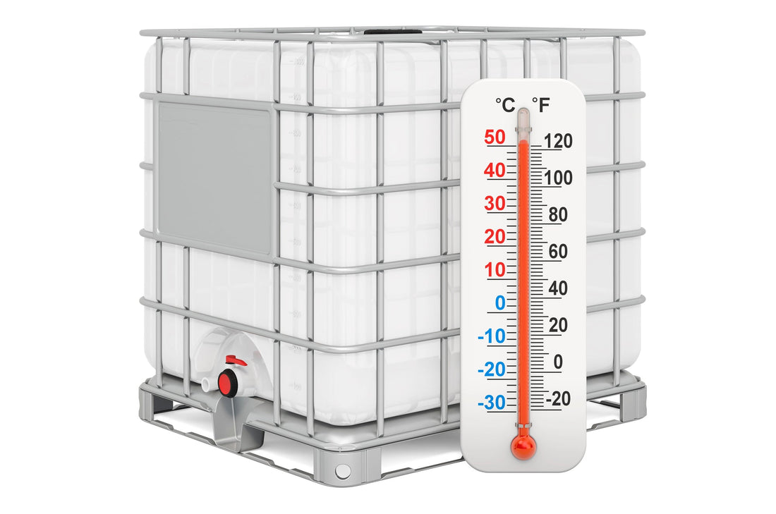 White IBC tote with temperature gauge side by side
