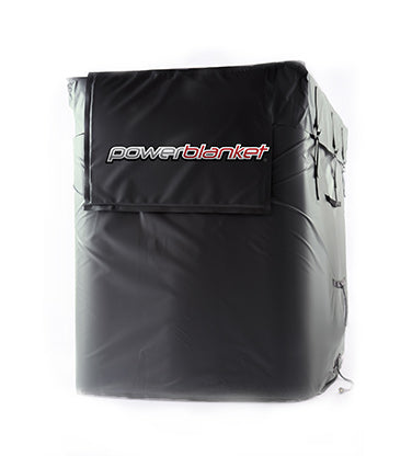 ibc tote wrapped with a black tote heater with the brand Powerblanket written on the front